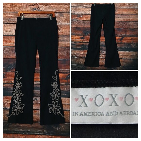 XOXO Vintage Pants 7 Faux Suede Flare Leg Embroidered Low Rise Zip Back Y2K USA - Picture 1 of 8